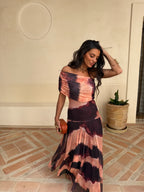 Valentina | Vestido Largo de Tul Escote Bardot – Naranja y Marrón