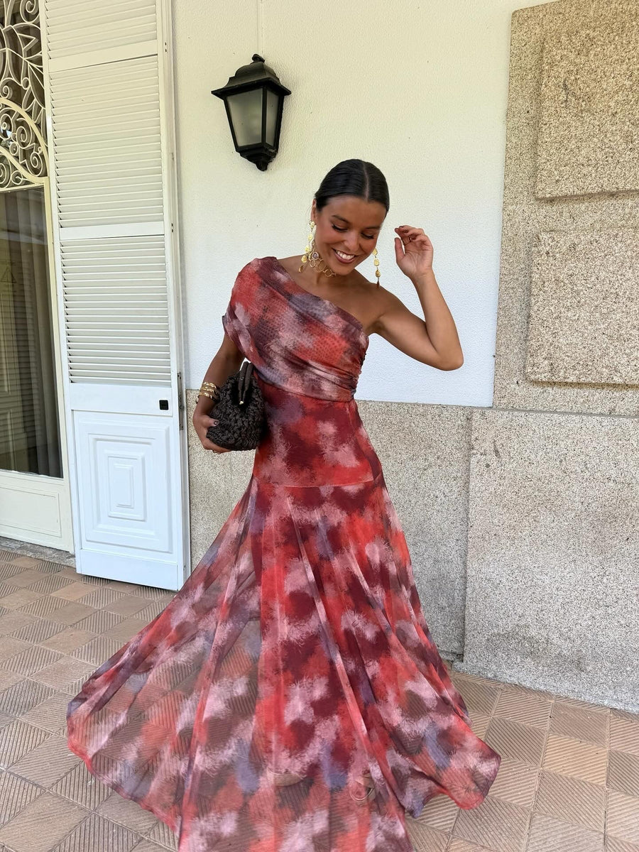 Valentina | Vestido Largo de Tul Escote Bardot – Rojo