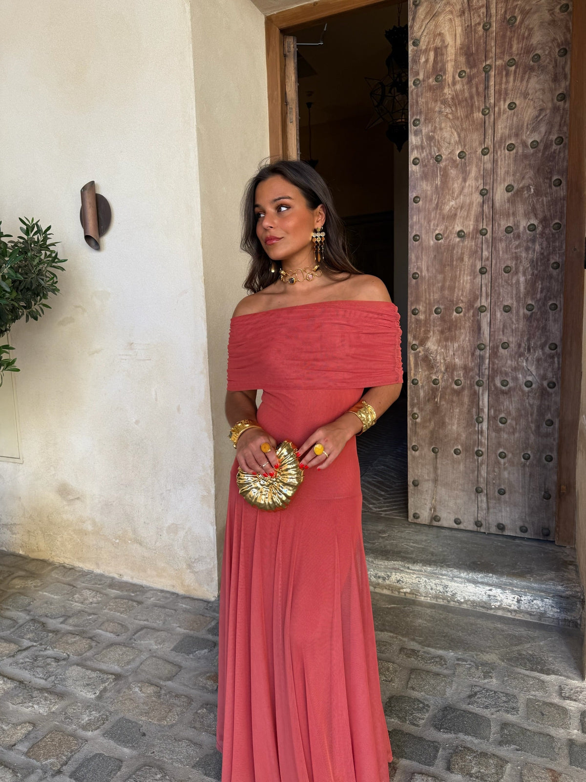 Valentina | Vestido Largo de Tul Escote Bardot – Terracota