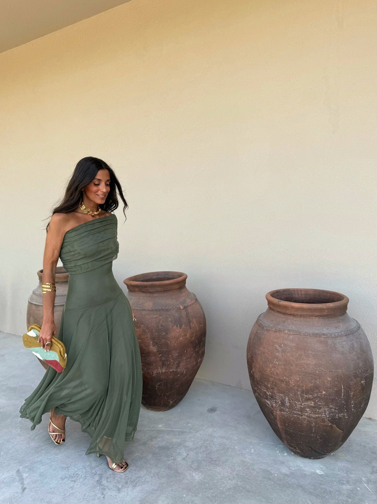 Valentina | Vestido Largo de Tul Escote Bardot – Verde