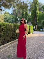 Vestido halter cintura drapeado burdeos