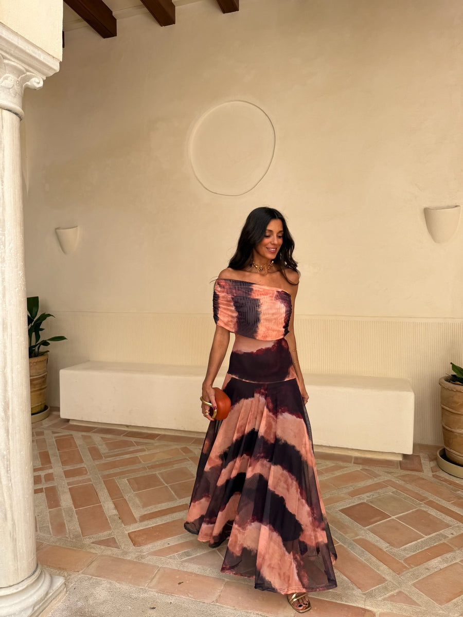 Valentina | Vestido Largo de Tul Escote Bardot – Naranja y Marrón