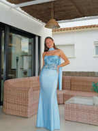 Vestido largo detalles choker palabra celeste