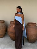 Viviana | Vestido Largo con Pañuelo – Marrón y Azul