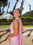 Vestido halter fruncido espalda rosa