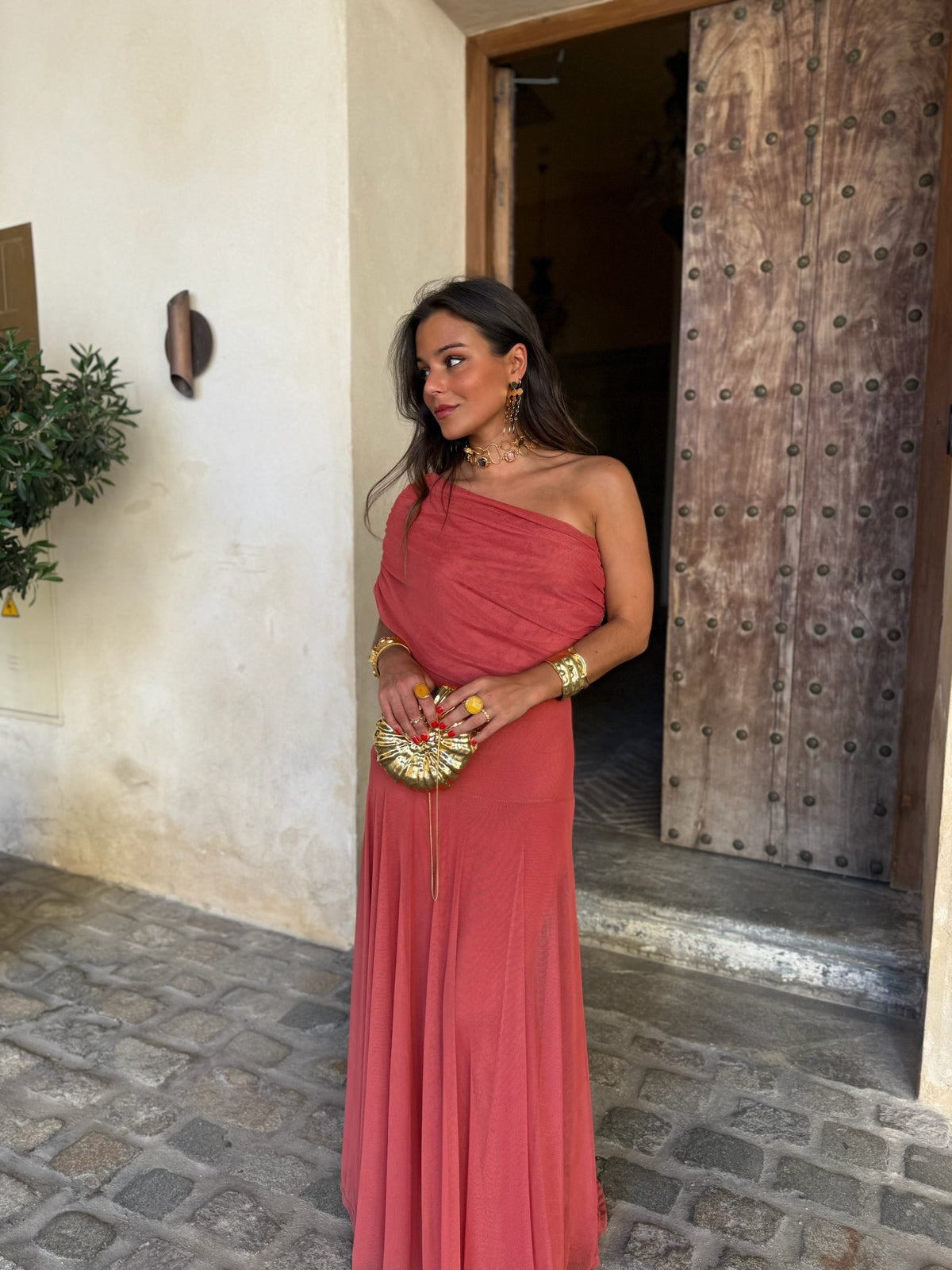 Valentina | Vestido Largo de Tul Escote Bardot – Terracota
