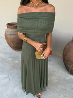 Valentina | Vestido Largo de Tul Escote Bardot – Verde