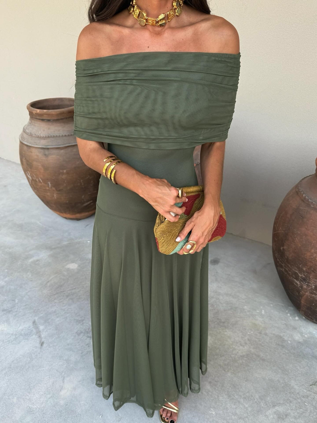 Valentina | Vestido Largo de Tul Escote Bardot – Verde