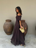 Valentina | Vestido Largo de Tul Escote Bardot – Marrón