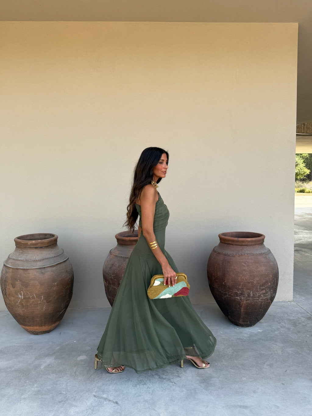 Valentina | Vestido Largo de Tul Escote Bardot – Verde