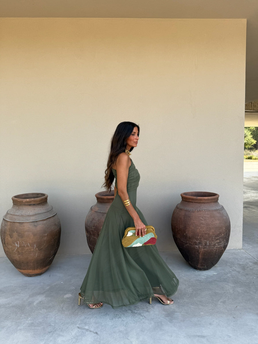 Valentina | Vestido Largo de Tul Escote Bardot – Verde