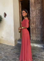 Valentina | Vestido Largo de Tul Escote Bardot – Terracota