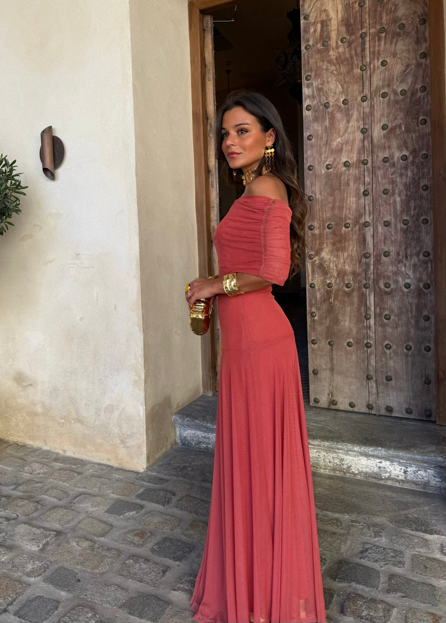 Valentina | Vestido Largo de Tul Escote Bardot – Terracota