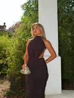Vestido largo halter espalda abierta chocolate