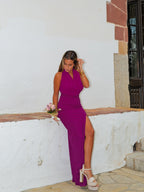 Vestido cascada tulle berenjena