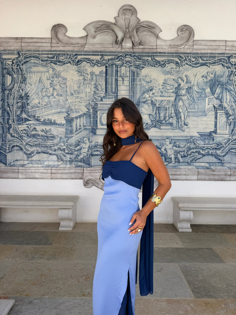 Zahara | Vestido Largo con Pañuelo en Contraste – Azul