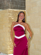Vestido halter raso bicolor berenjena