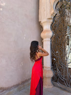 Aveline | Vestido Largo Satinado Cuello Halter – Rojo