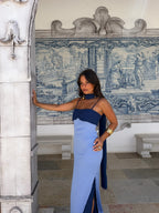 Zahara | Vestido Largo con Pañuelo en Contraste – Azul