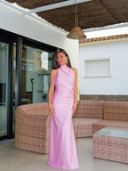 Vestido halter fruncido espalda rosa