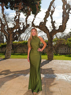 Vestido halter fruncido espalda oliva