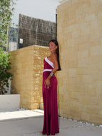 Vestido halter raso bicolor berenjena