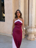 Aveline | Vestido Largo Satinado Cuello Halter – Burdeos