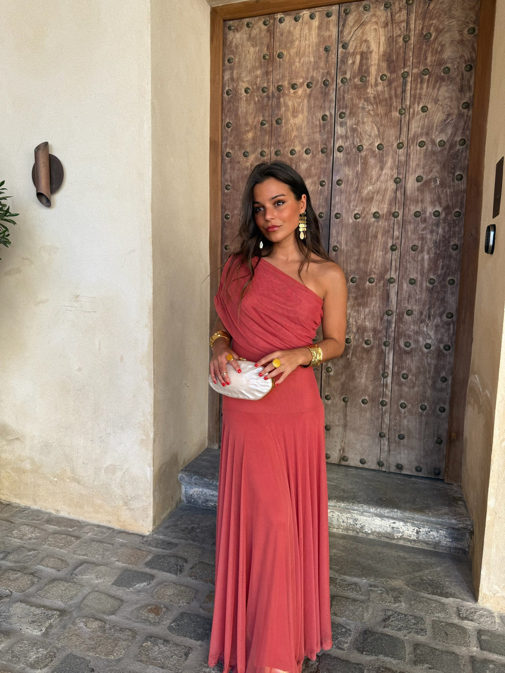 Valentina | Vestido Largo de Tul Escote Bardot – Terracota