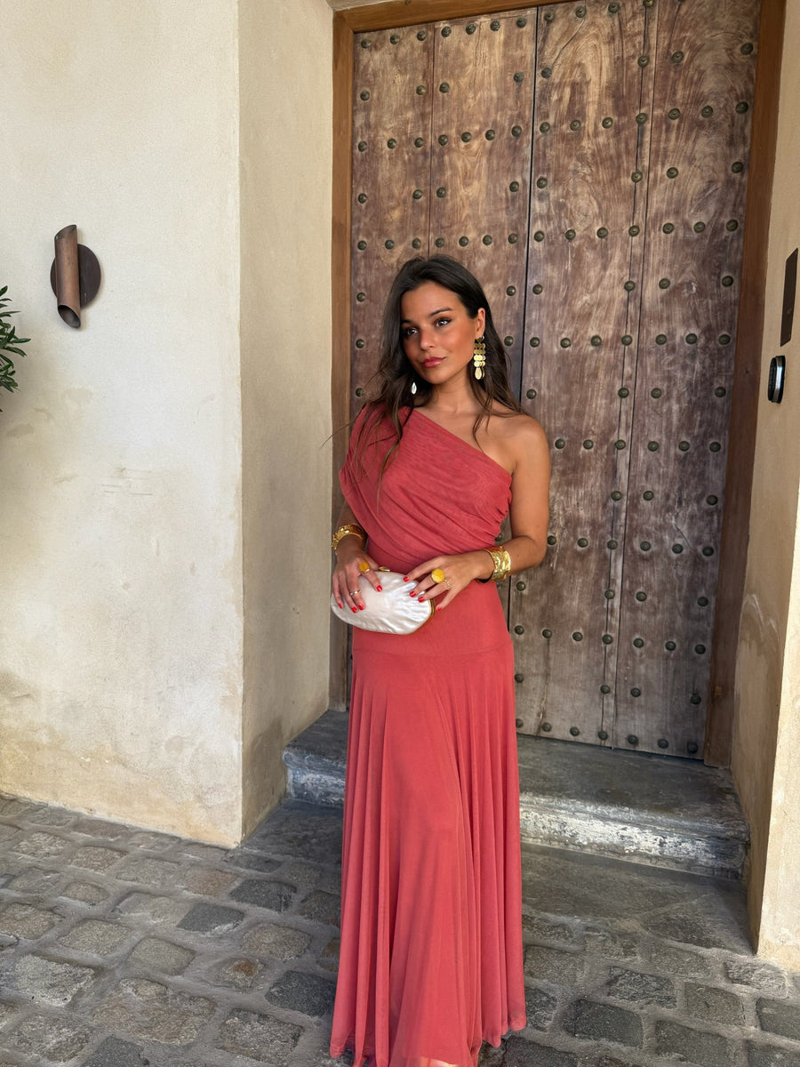 Valentina | Vestido Largo de Tul Escote Bardot – Terracota