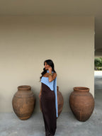 Viviana | Vestido Largo con Pañuelo – Marrón y Azul
