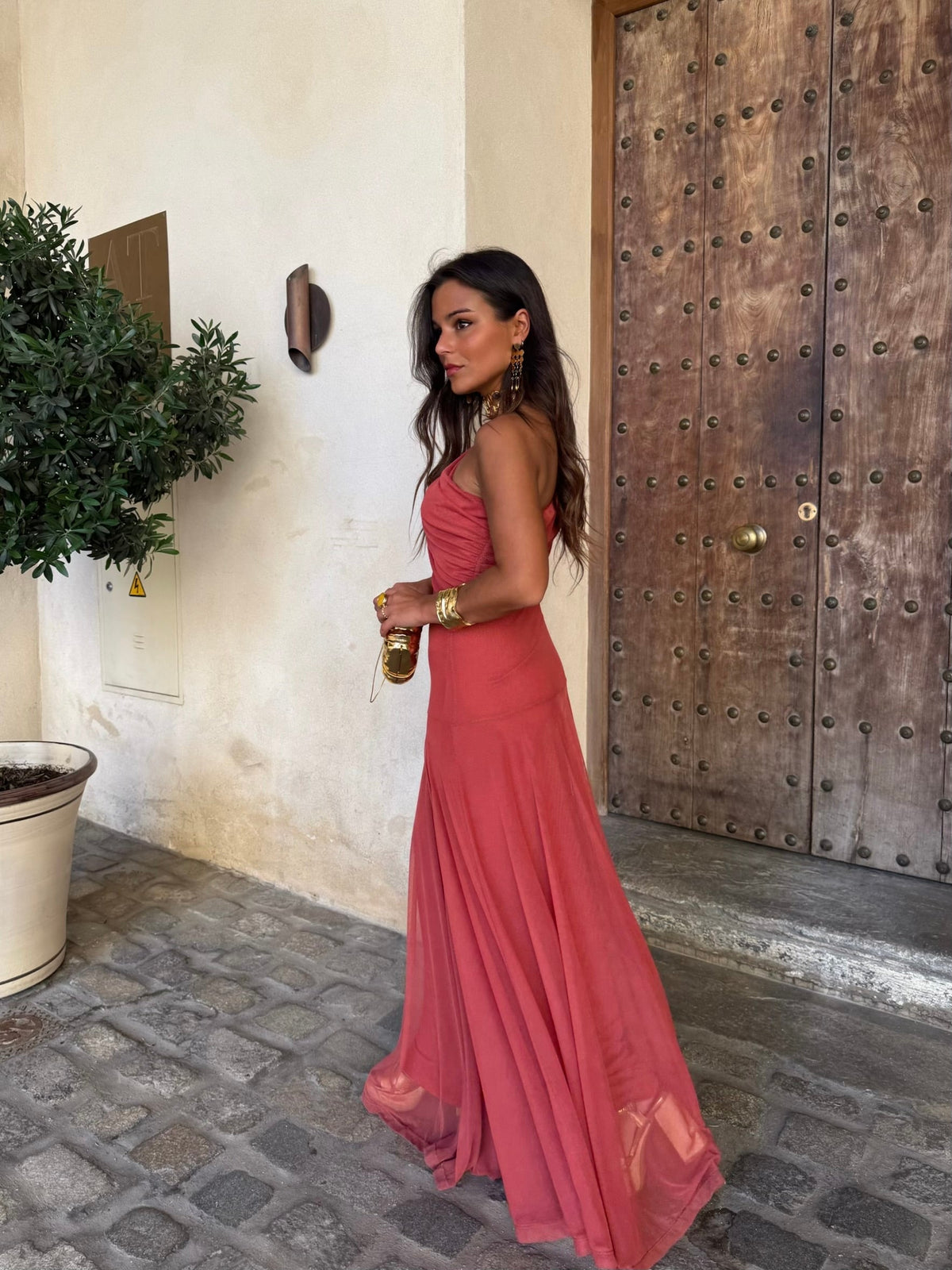 Valentina | Vestido Largo de Tul Escote Bardot – Terracota