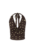 Melody | Top Halter con Escote Drapeado – Lunares Chocolate y Limón