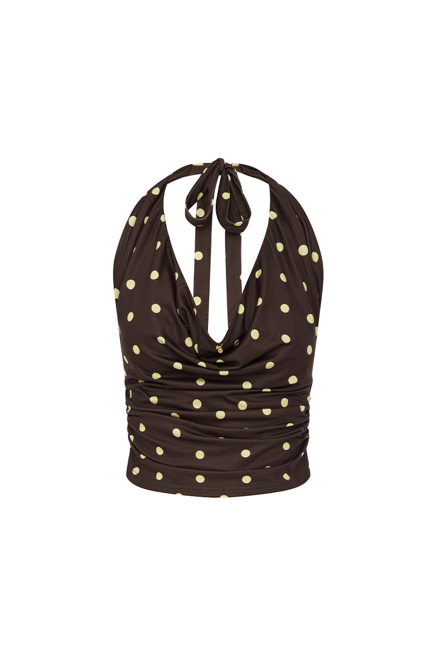 Melody | Top Halter con Escote Drapeado – Lunares Chocolate y Limón