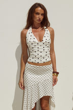 Melody | Top Halter con Escote Drapeado – Lunares Crema y Negro