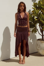Melody | Top Halter con Escote Drapeado – Lunares Chocolate y Limón